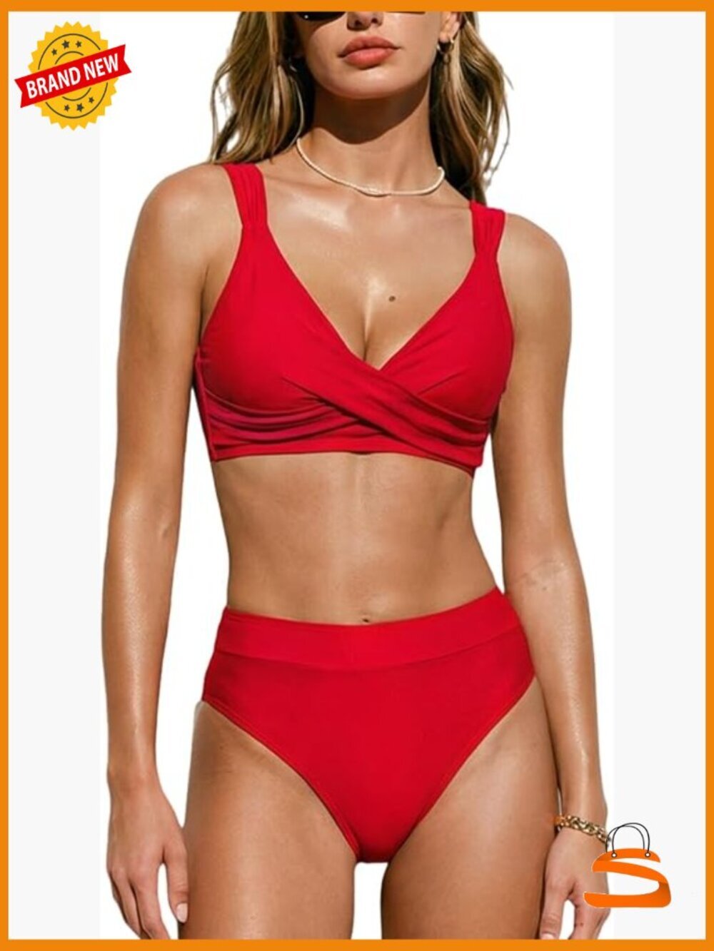 High Waisted Bikini Set V Neck Twist Front Adjustable Straps Two Piece Swimsuit